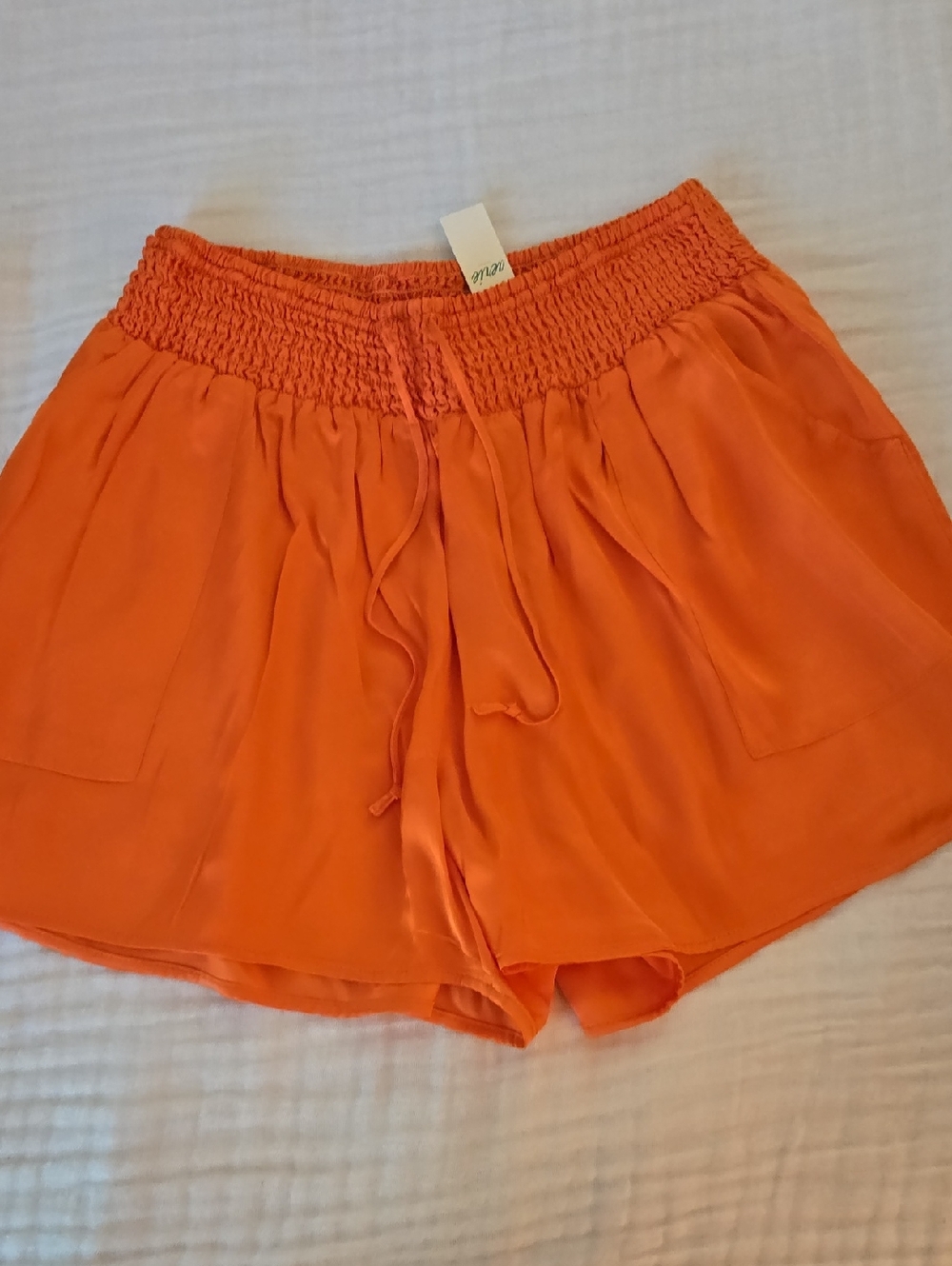 aerie Bright Orange High-Waist Smocked Shorts-Satin feel with pockets